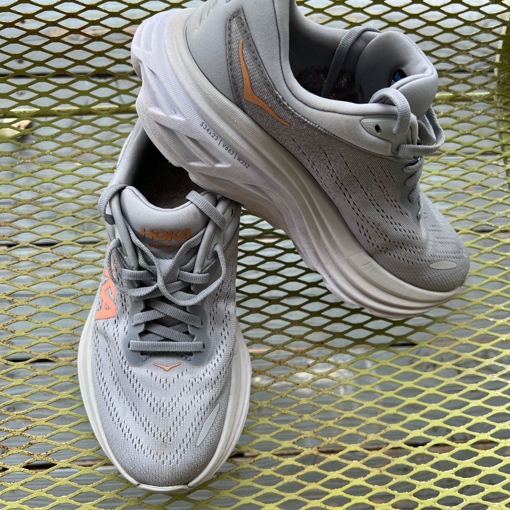 Hoka Bondi 8 Gray and Orange Running Shoes